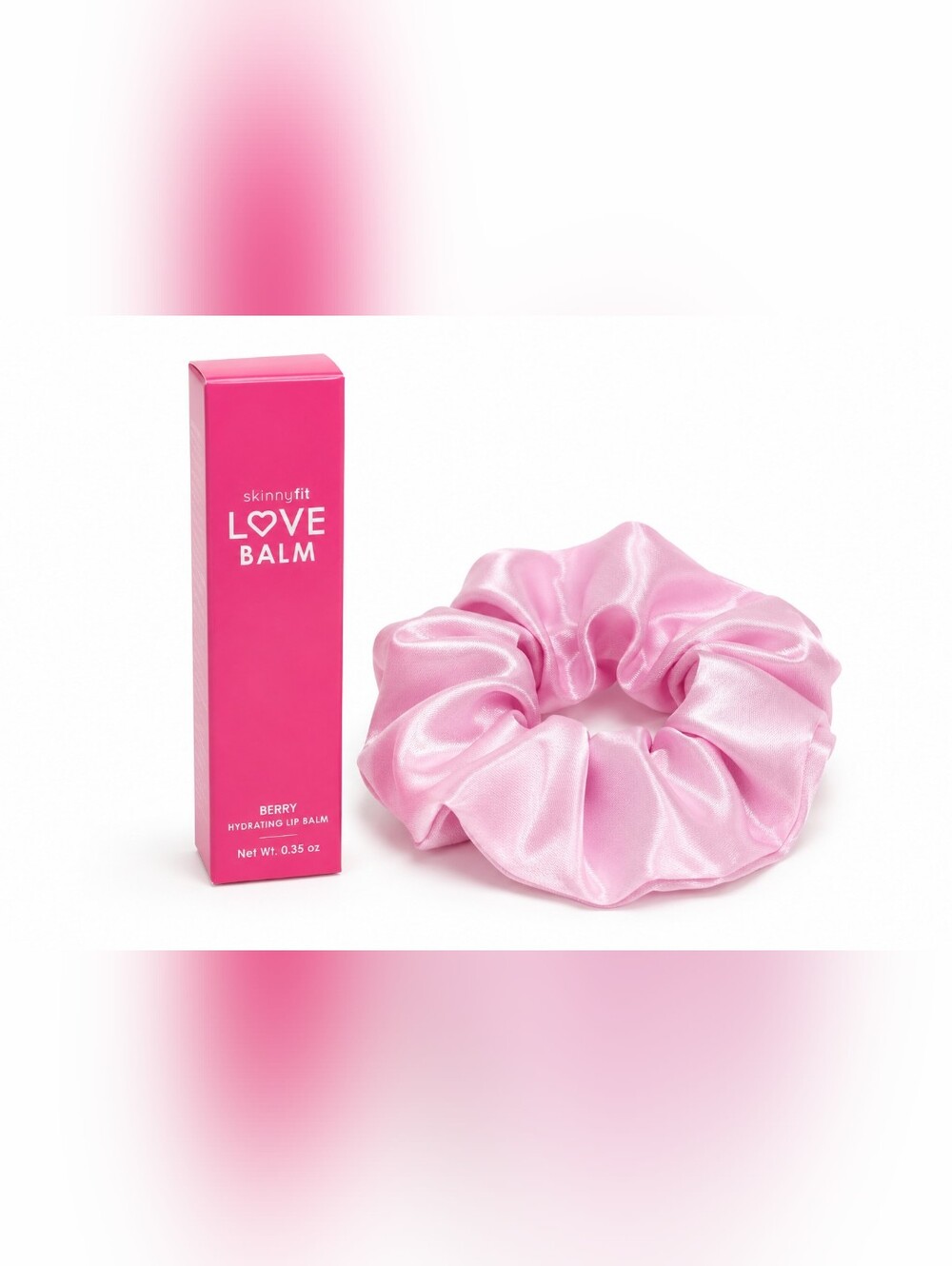 SkinnyFit Love Balm Berry Hydrating Lip Balm 0.35 oz Pink Satin Scrunchie Gift